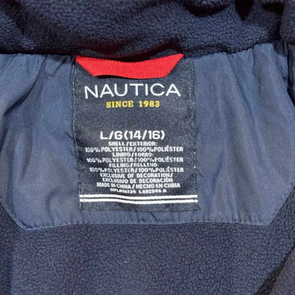 Nautica Kids Puffer Jacket Hooded Winter Coat Red Blue‎ Size L 12/14 Spell Out